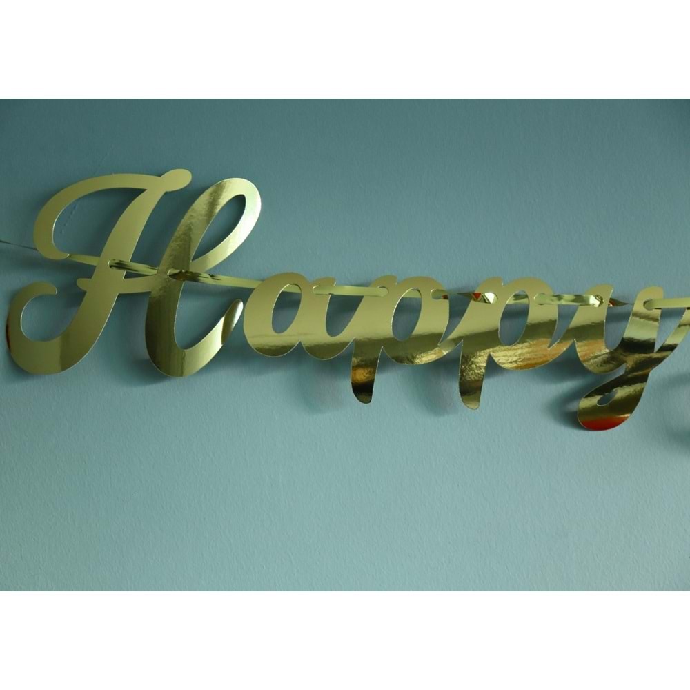 Yılbaşı Parti Süsü -Happy New Year- Yazılı Metalik Gold Banner Duvar Süsü