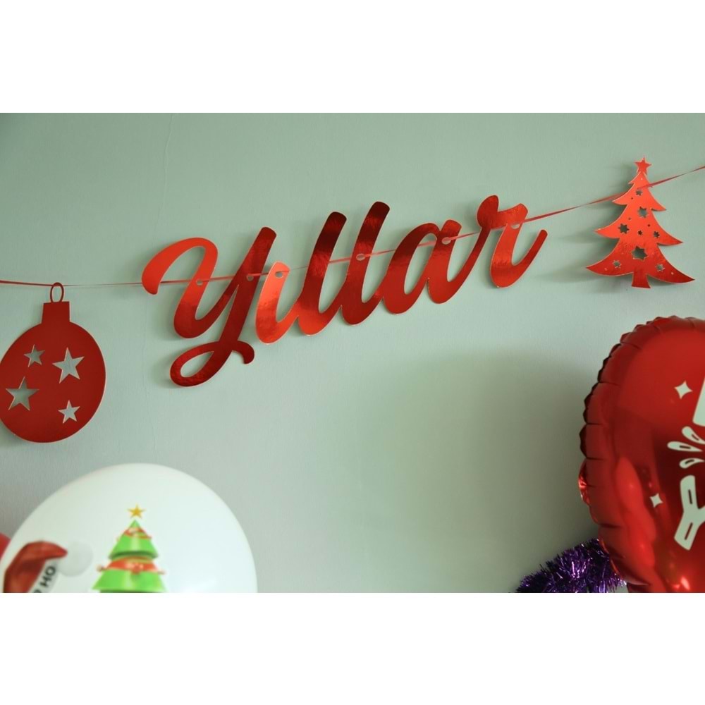 Yılbaşı Parti Süsü -Mutlu Yıllar- Yazılı Metalik Kırmızı Banner Duvar Süsü