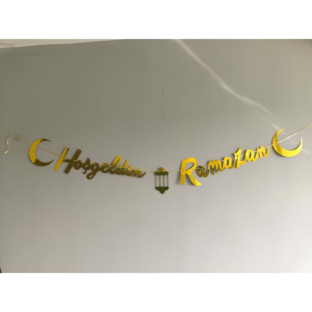 Hoşgeldin Ramazan Yazılı Metalik Gold Ramazan Bayramı Altın Renginde Ipli Süs Yazı Banner