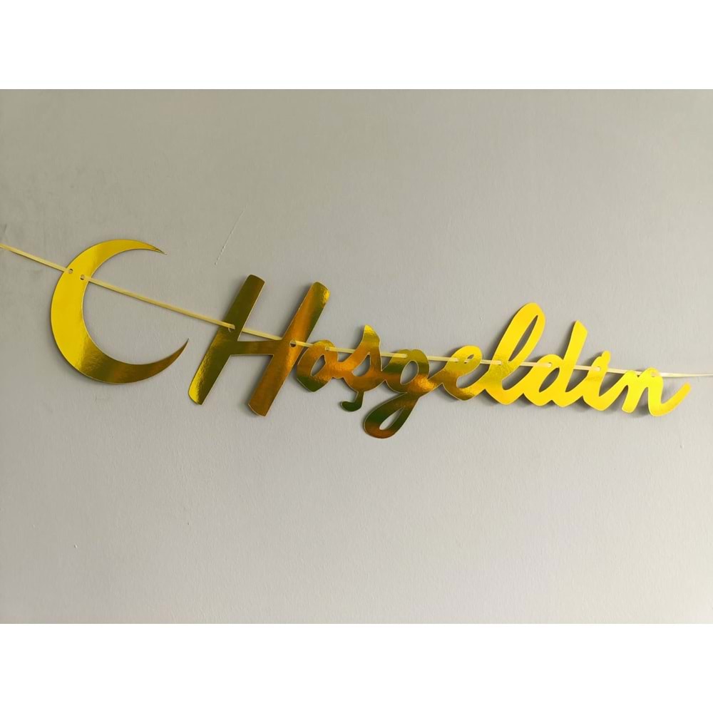 Hoşgeldin Ramazan Yazılı Metalik Gold Ramazan Bayramı Altın Renginde Ipli Süs Yazı Banner