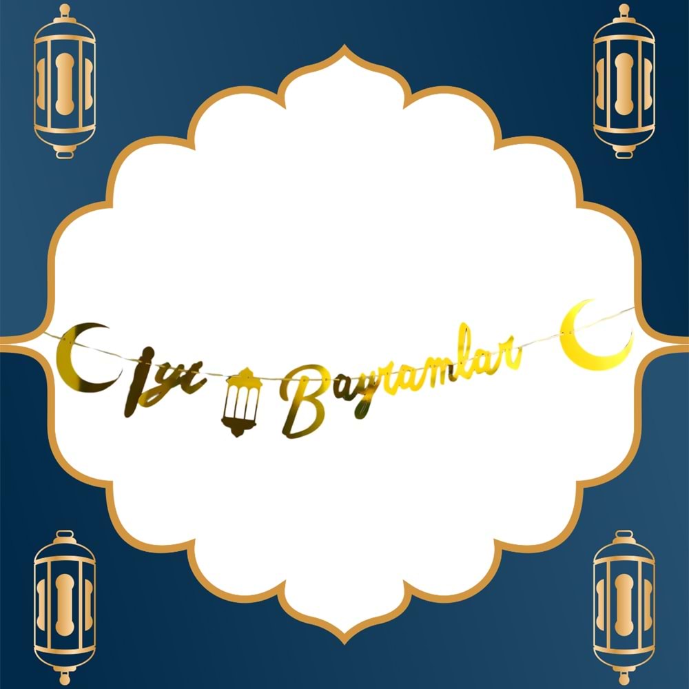 İyi Bayramlar Yazılı Metalik Gold Ramazan Bayramı Altın Renginde Ipli Süs Yazı Banner