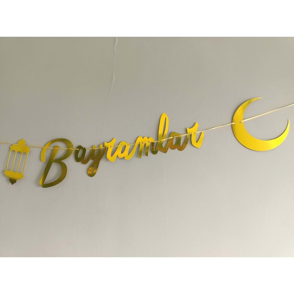 İyi Bayramlar Yazılı Metalik Gold Ramazan Bayramı Altın Renginde Ipli Süs Yazı Banner