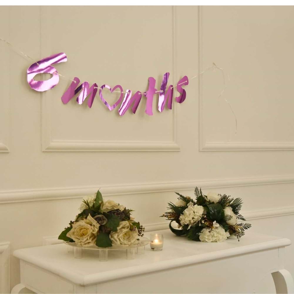6 Months Pembe Renk Banner İpli Duvar Süsü Yarım Yaş Altı Ay Parti Süsü
