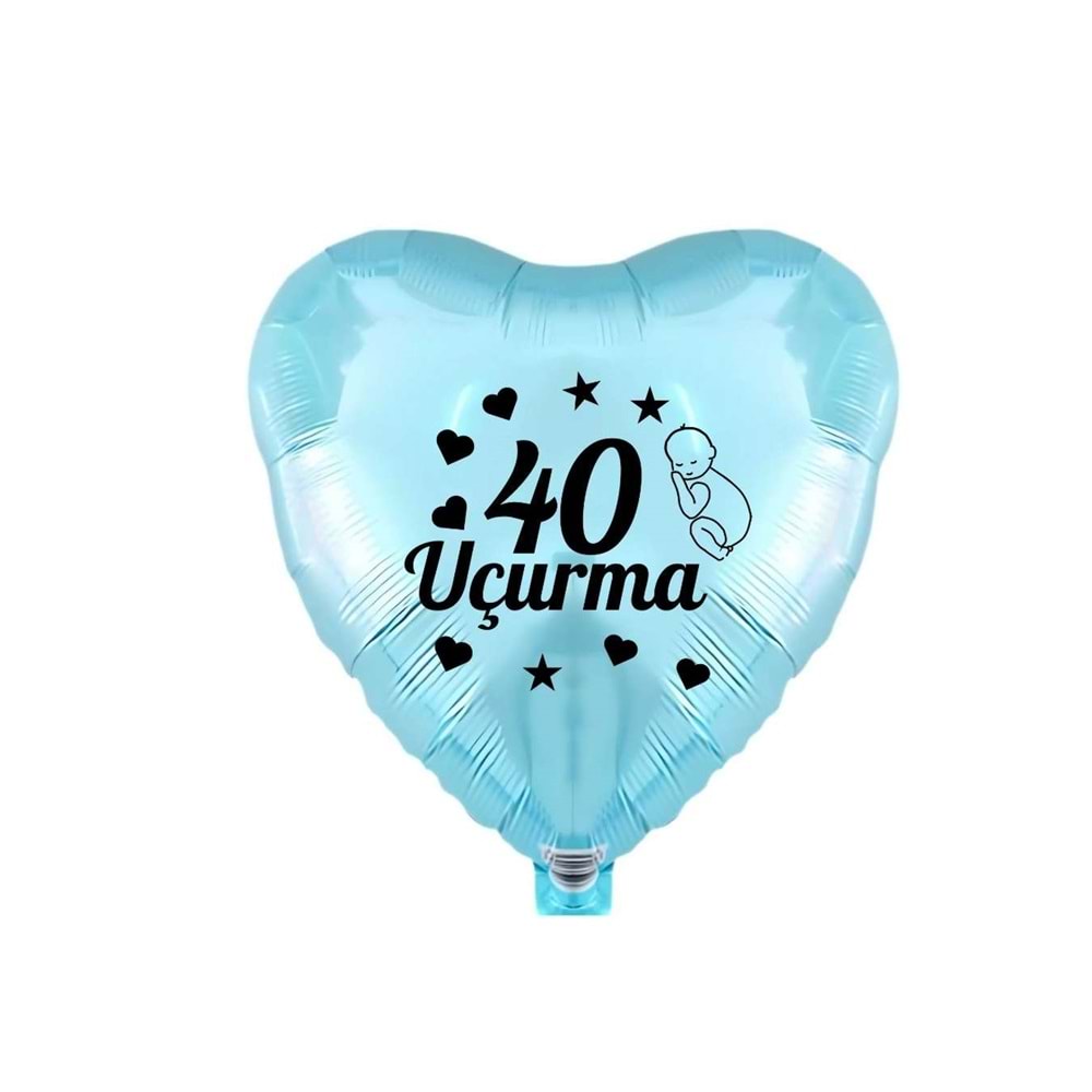 18 inç Açık Mavi Renk Bebek Figürlü 40 Uçurma Temalı Kalp Folyo Balon