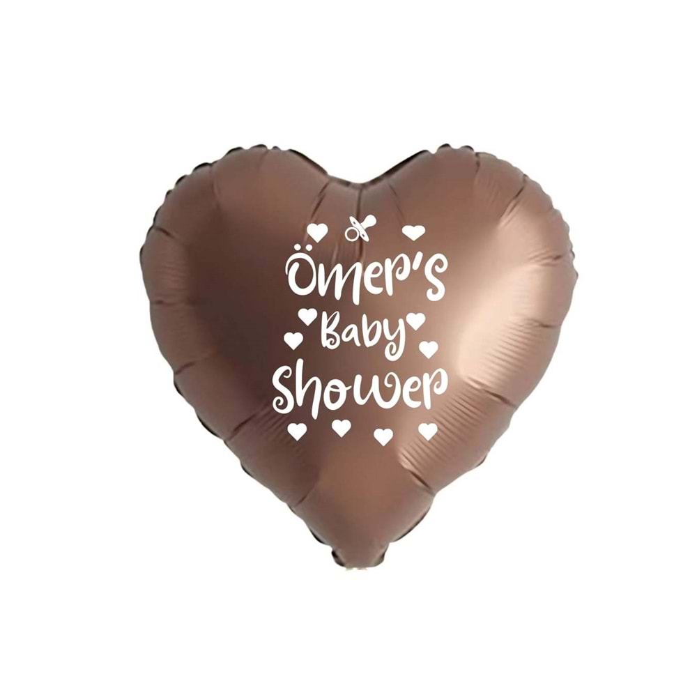 18 inç Çikolata Kahve Renk Kişiye Özel Baby Showers Yazılı Emzik-Kalp Figürlü Kalp Folyo Balon