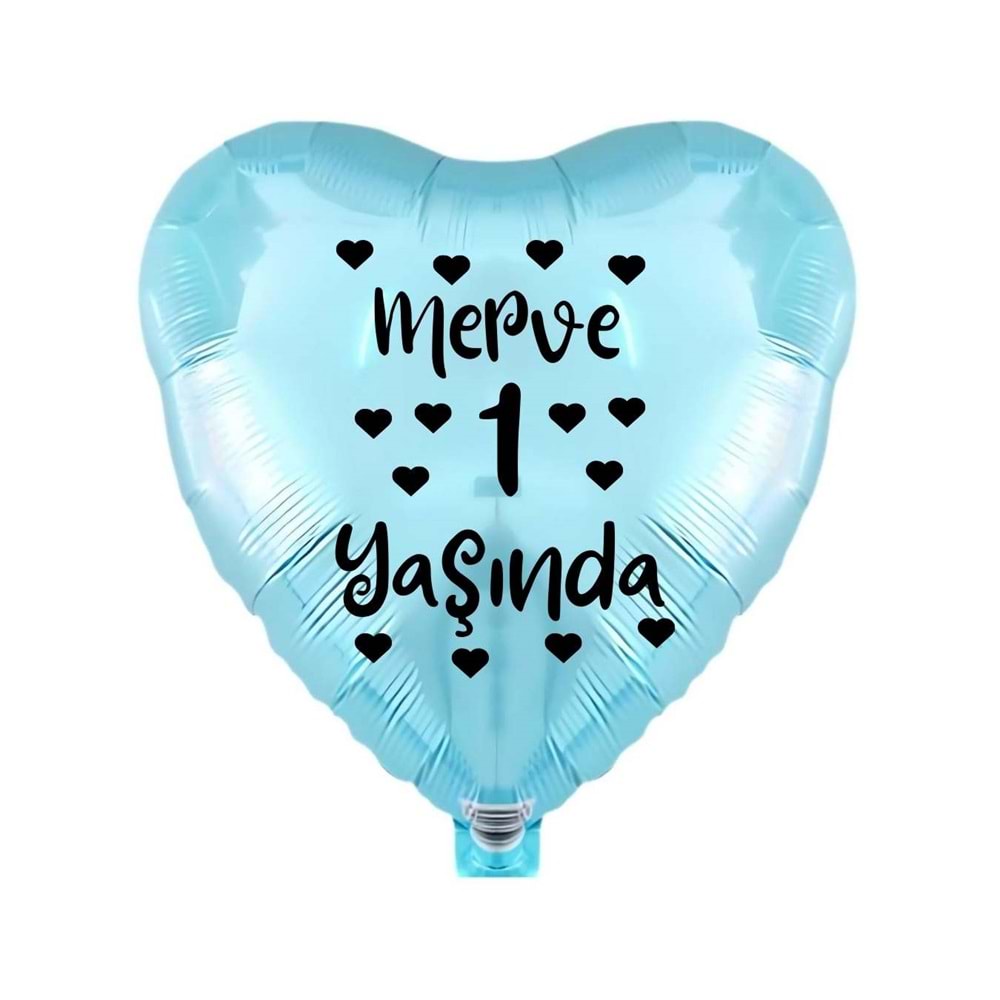18 inç Açık Mavi Renk Kişiye Özel Yaşında Yazılı Kalp Folyo Balon
