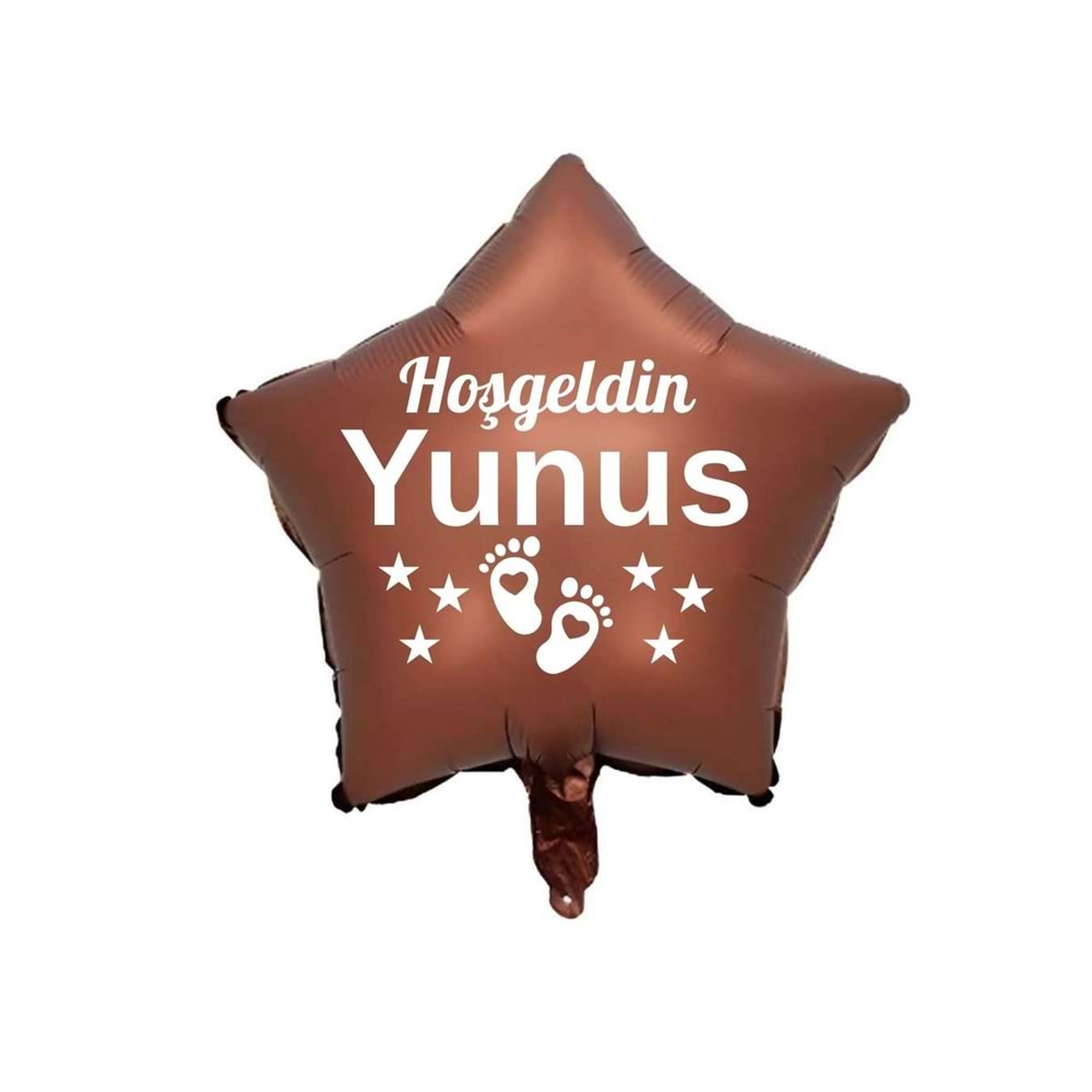 18 inç Kahverengi Renk Yeni Doğan Kişiye Özel Hoşgeldin Bebek Yazılı Ayak Figürlü Yıldız Folyo Balon