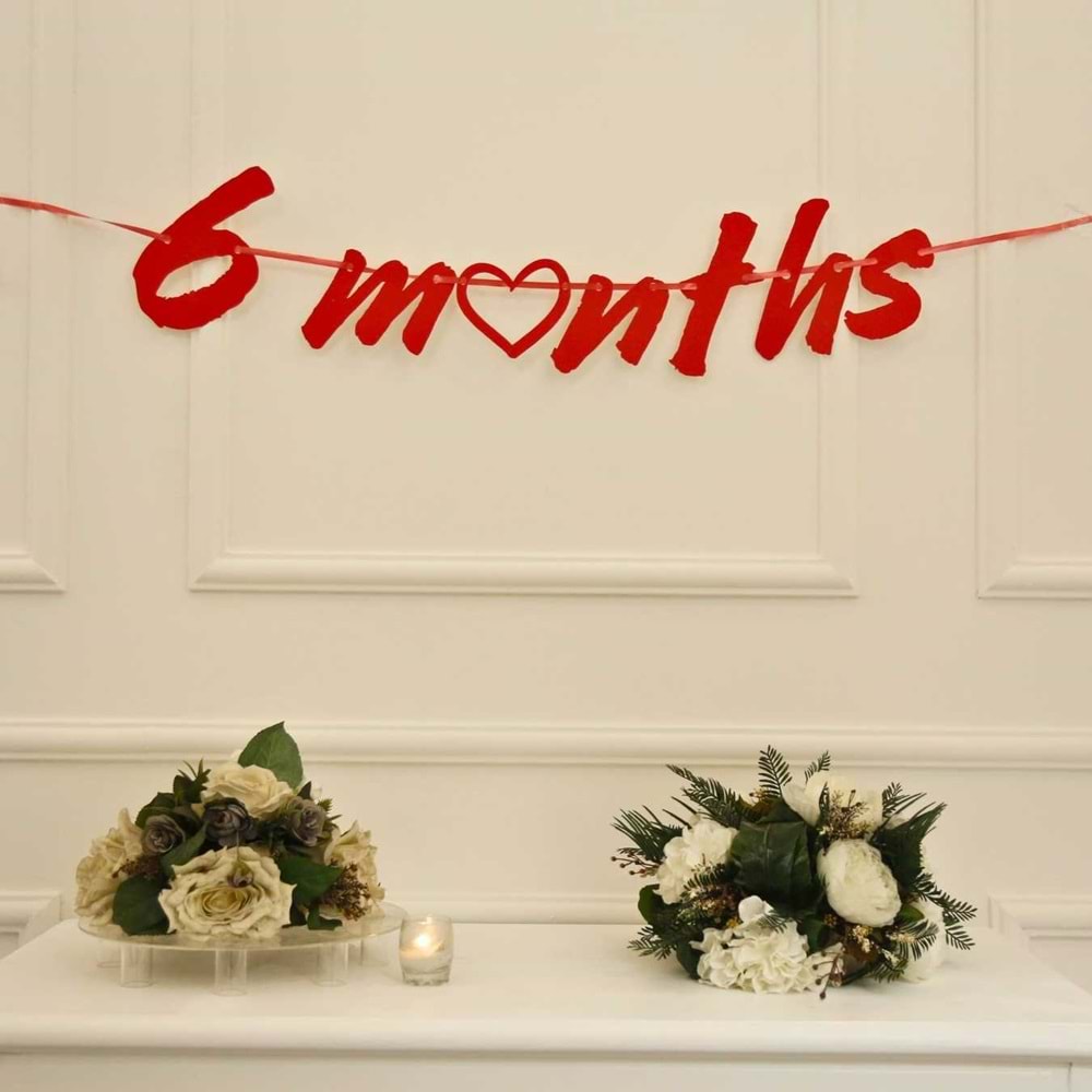 6 Months Simli Kırmızı Renk Banner İpli Duvar Süsü Yarım Yaş Altı Ay Parti Süsü