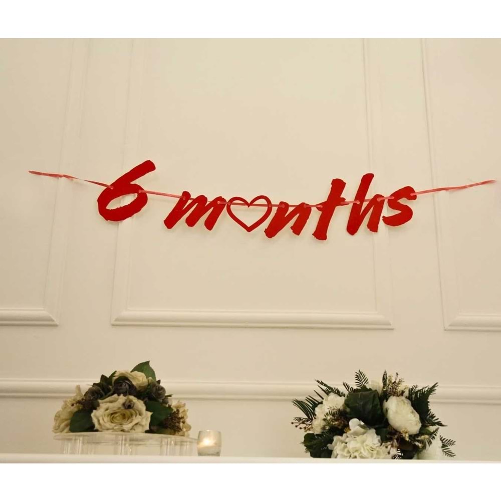 6 Months Simli Kırmızı Renk Banner İpli Duvar Süsü Yarım Yaş Altı Ay Parti Süsü