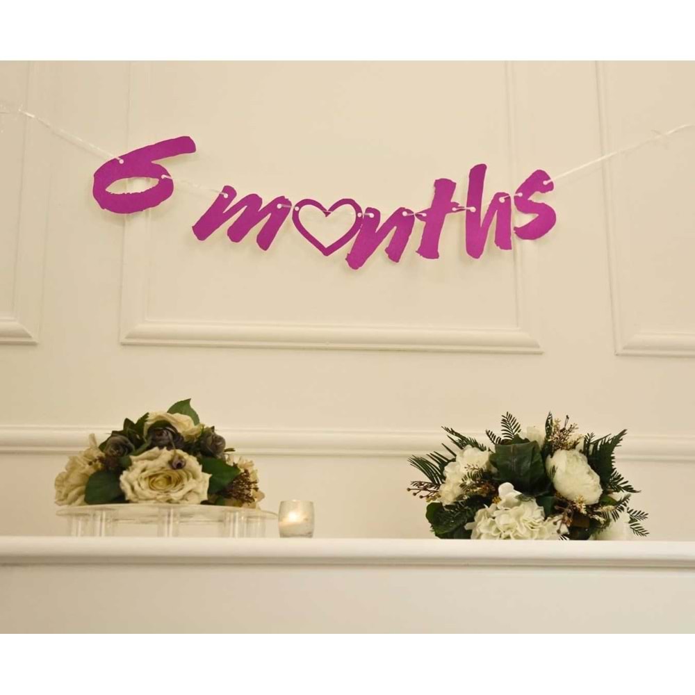 6 Months Simli Fuşya Renk Banner İpli Duvar Süsü Yarım Yaş Altı Ay Parti Süsü