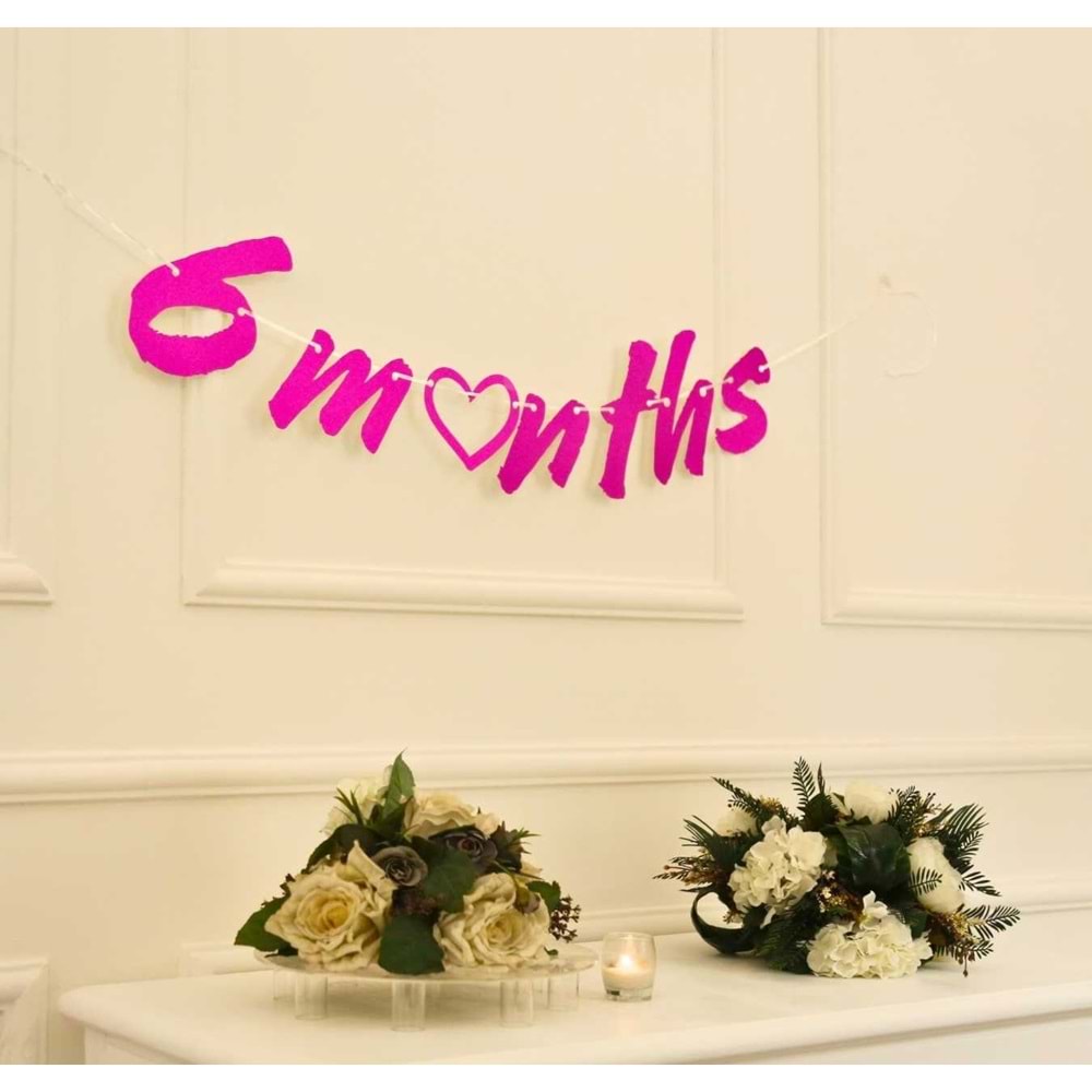 6 Months Simli Pembe Renk Banner İpli Duvar Süsü Yarım Yaş Altı Ay Parti Süsü