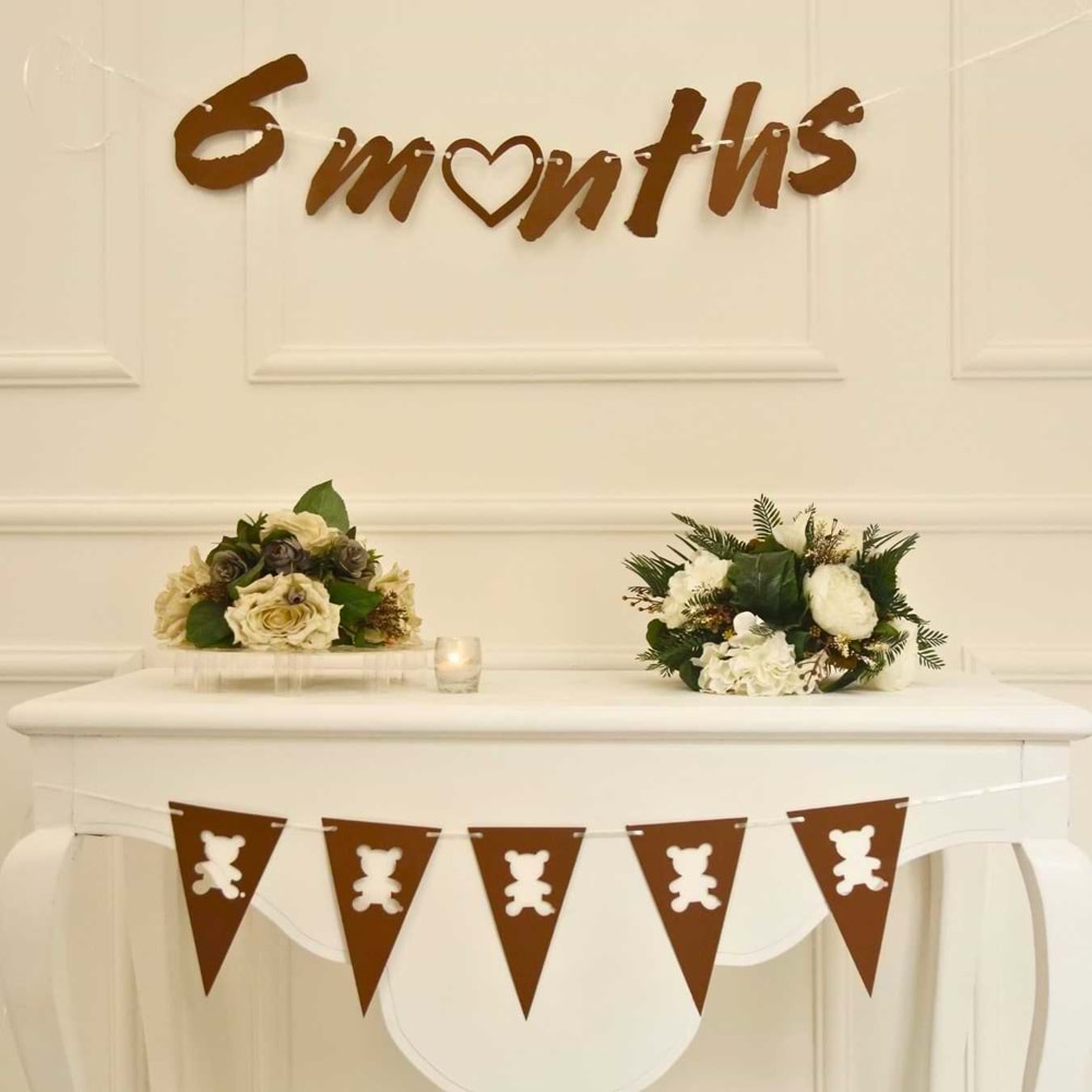 6 Months Craft Renk Banner İpli Duvar Süsü Yarım Yaş Altı Ay Parti Süsü Ve Ayıcık Üçgen Flama İkili Set