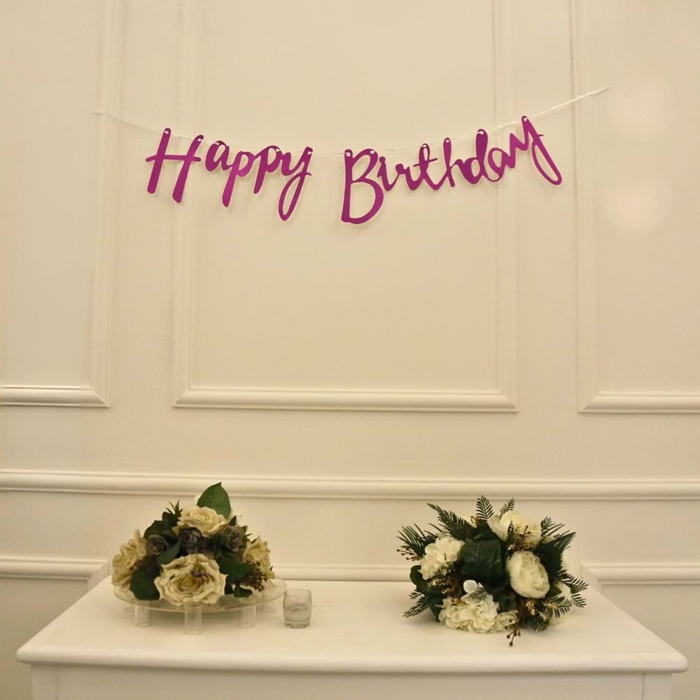 Fuşya Simli Renkli Happy Birthday El Yazısı Banner