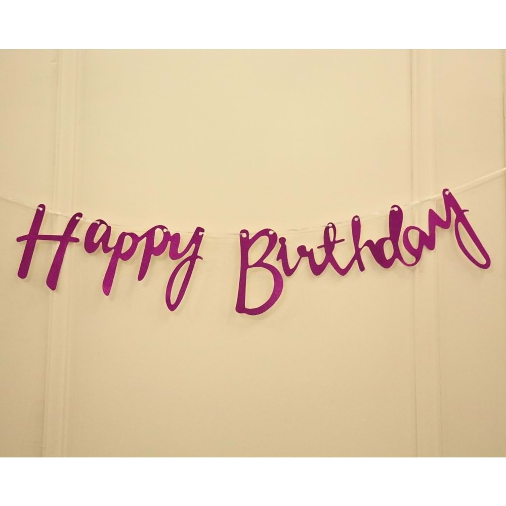 Fuşya Simli Renkli Happy Birthday El Yazısı Banner