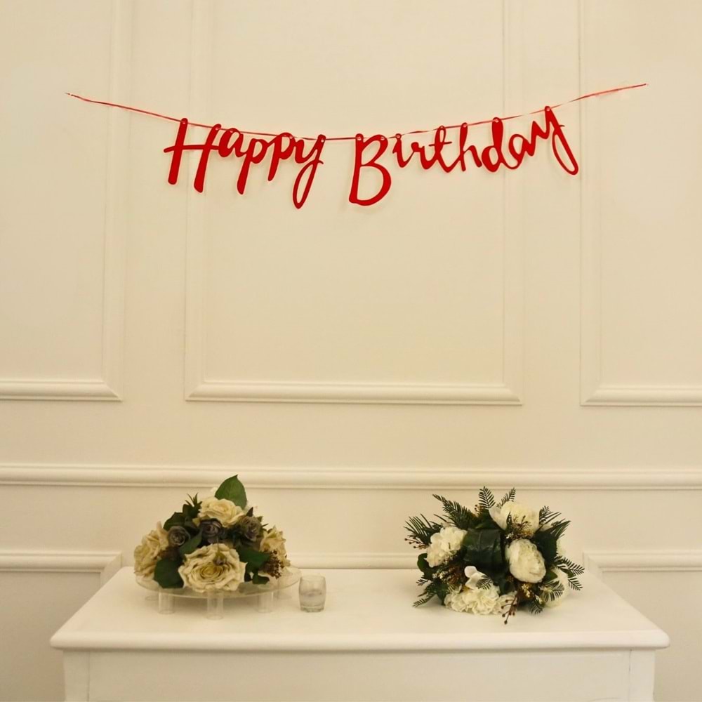Kırmızı Simli Renkli Happy Birthday El Yazısı Banner