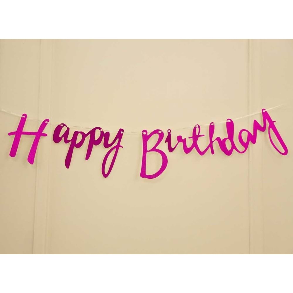 Pembe Simli Renkli Happy Birthday El Yazısı Banner