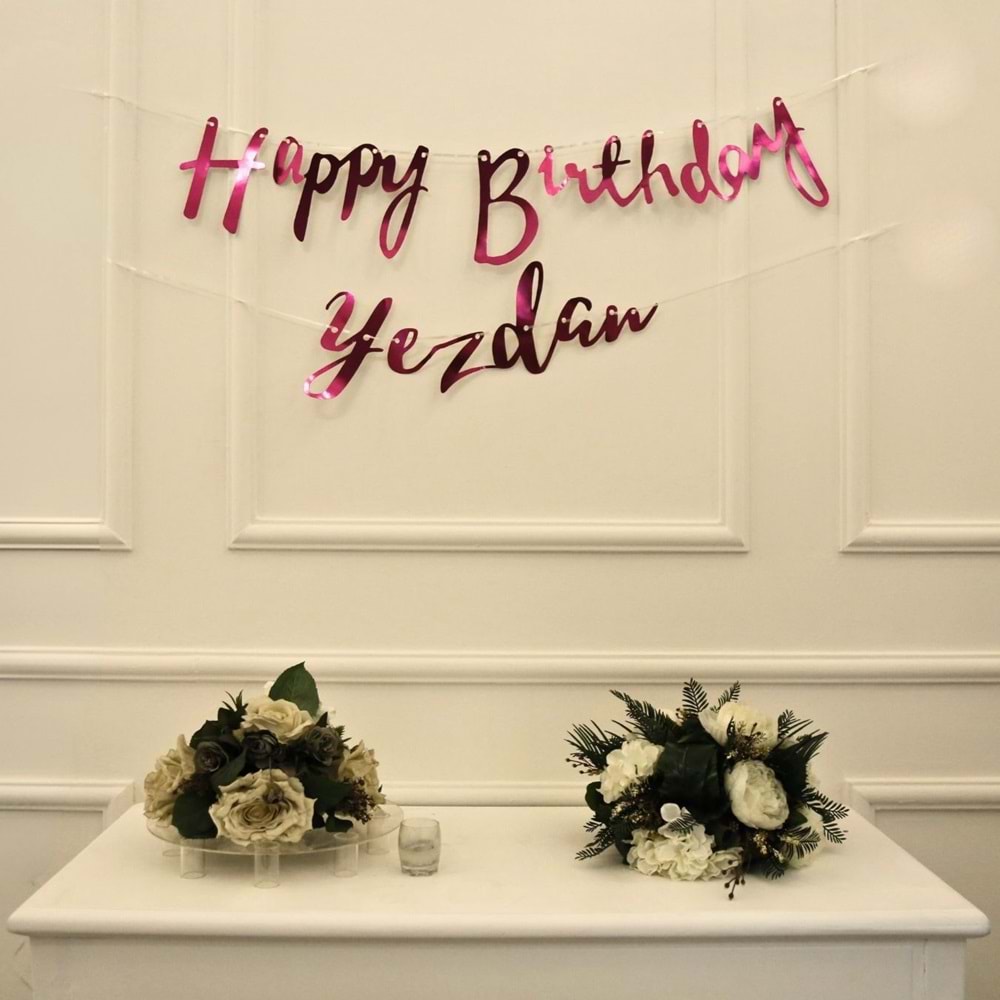 Kişiye Özel Fuşya Renkli Happy Birthday El Yazısı Banner