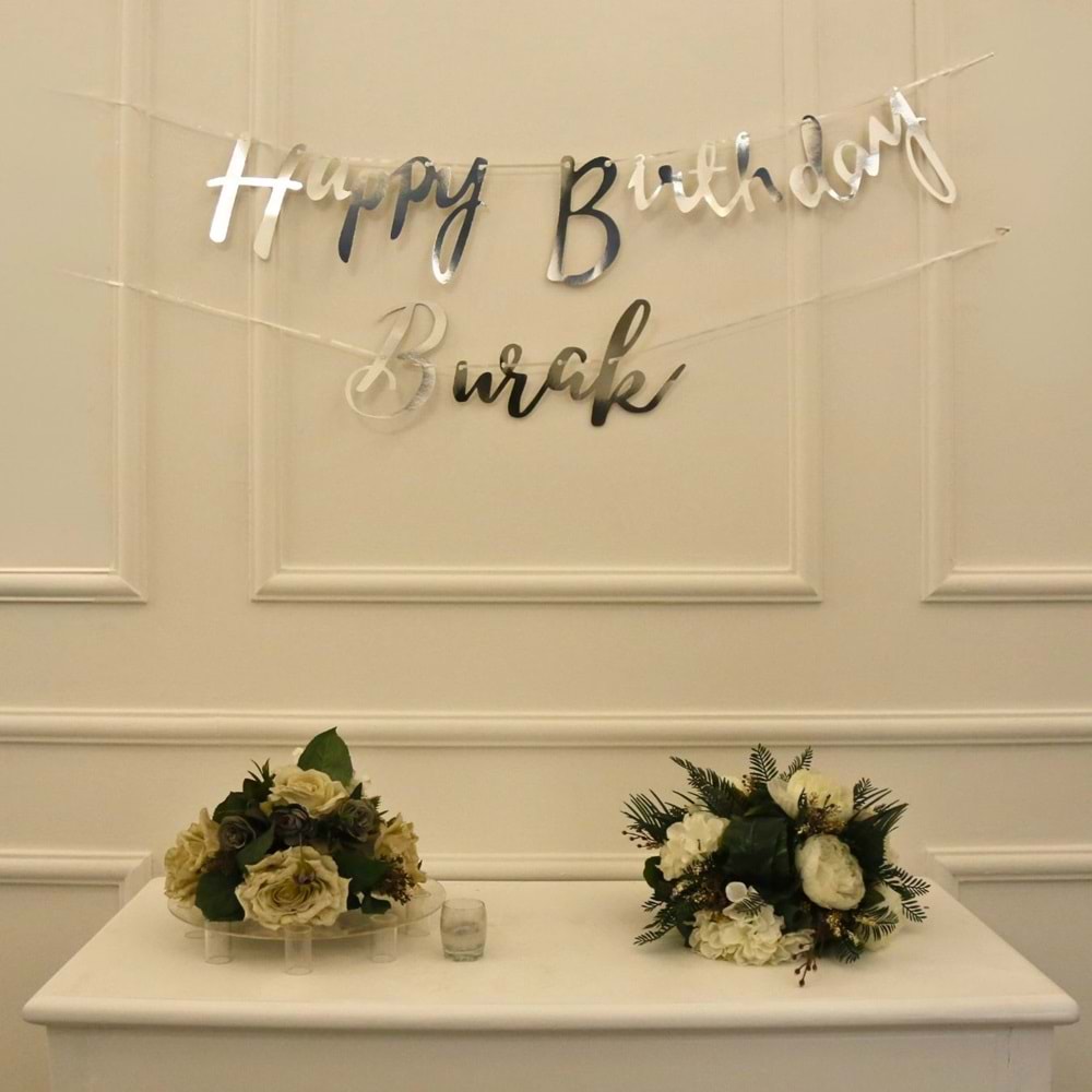 Kişiye Özel Gümüş Renkli Happy Birthday El Yazısı Banner