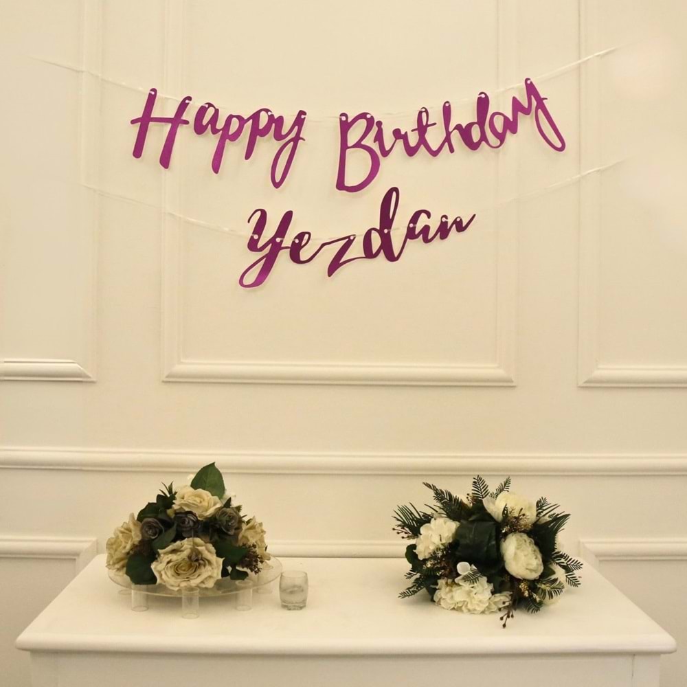 Kişiye Özel Simli Fuşya Renkli Happy Birthday El Yazısı Banner
