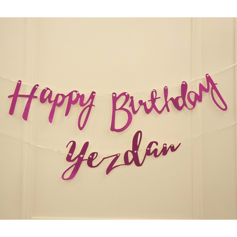Kişiye Özel Simli Fuşya Renkli Happy Birthday El Yazısı Banner