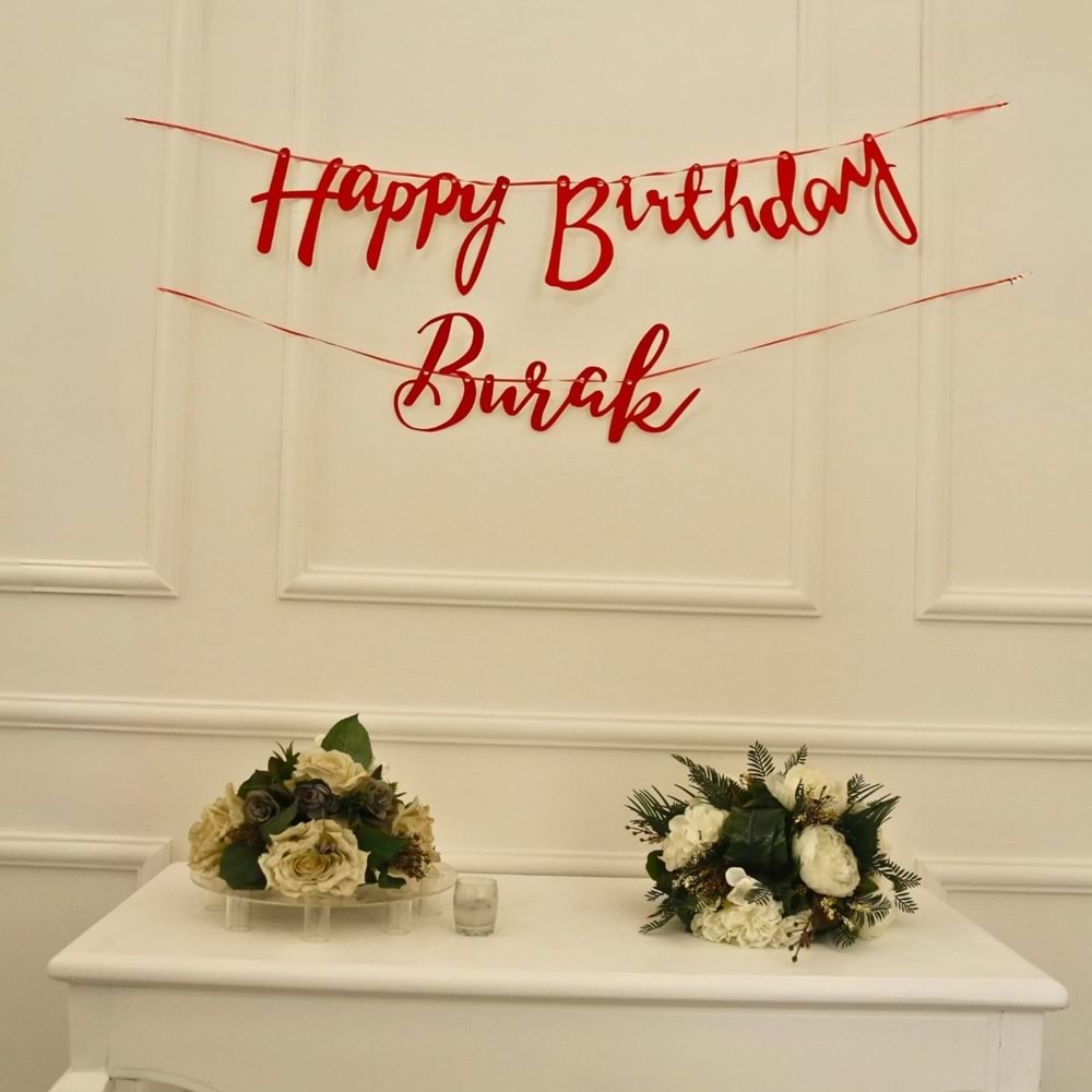 Kişiye Özel Simli Kırmızı Renkli Happy Birthday El Yazısı Banner