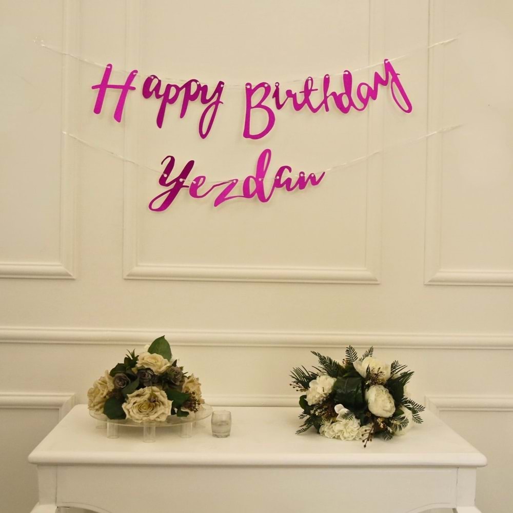 Kişiye Özel Simli Pembe Renkli Happy Birthday El Yazısı Banner
