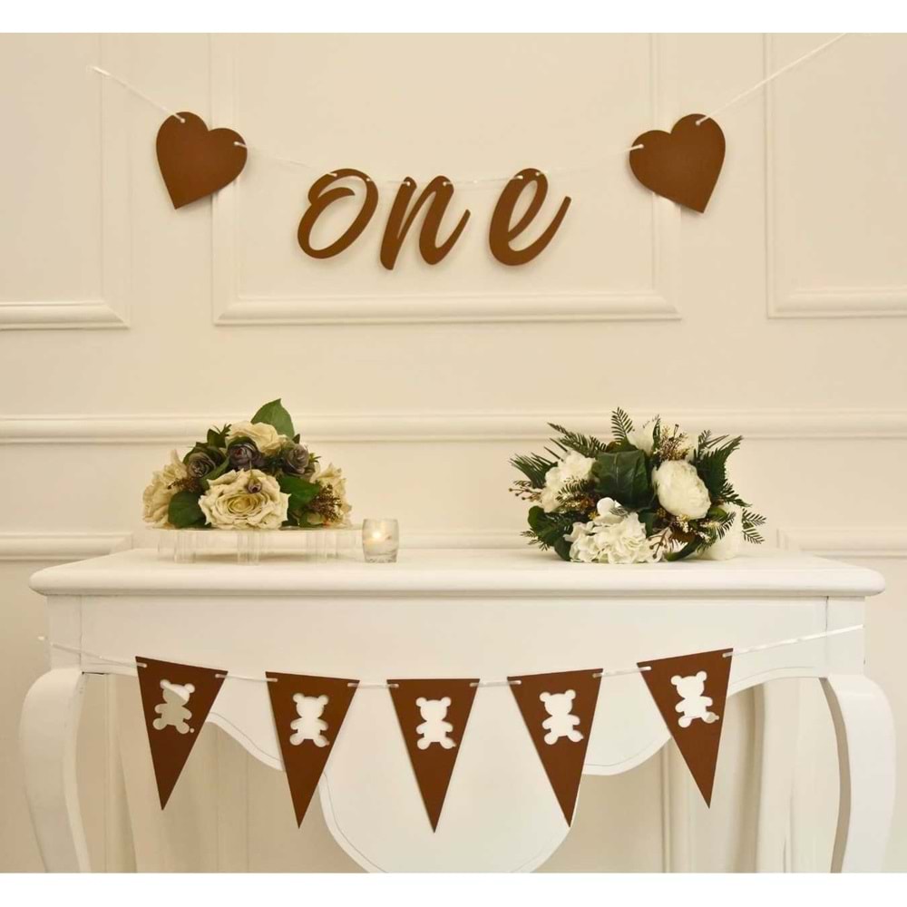 ONE Yazılı Craft Renk Banner İpli Duvar Süsü 1 Yaş Parti Süsü Ve Ayıcık Üçgen Flama İkili Set