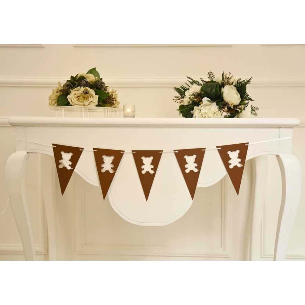ONE Yazılı Craft Renk Banner İpli Duvar Süsü 1 Yaş Parti Süsü Ve Ayıcık Üçgen Flama İkili Set