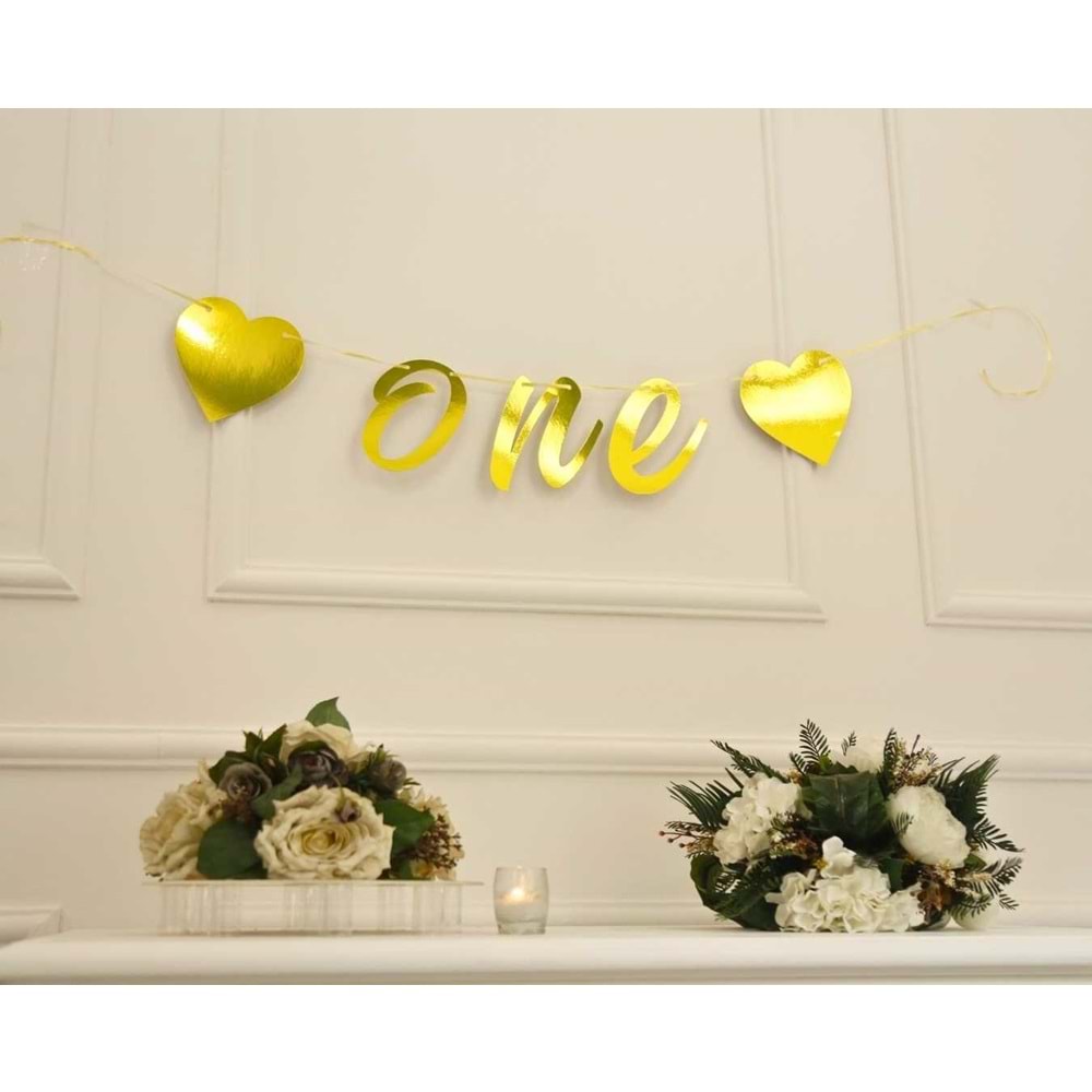ONE Yazılı Metalize Gold Renk Banner İpli Duvar Süsü 1 Yaş Parti Süsü