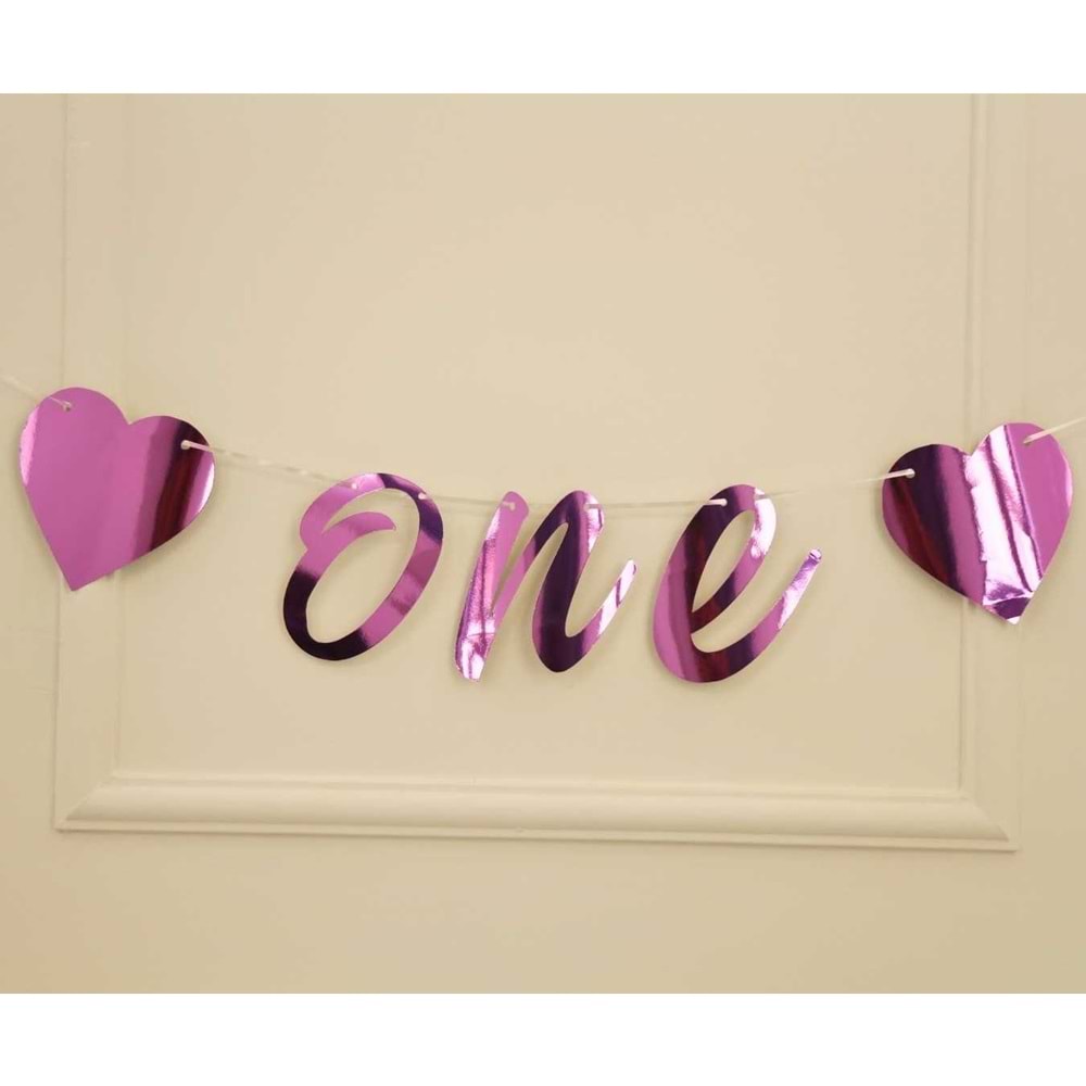 ONE Yazılı Metalize Pembe Renk Banner İpli Duvar Süsü 1 Yaş Parti Süsü