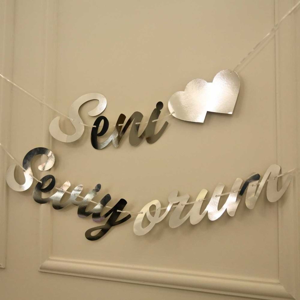 Gümüş Renkli Seni Seviyorum El Yazısı Banner Duvar Süsü