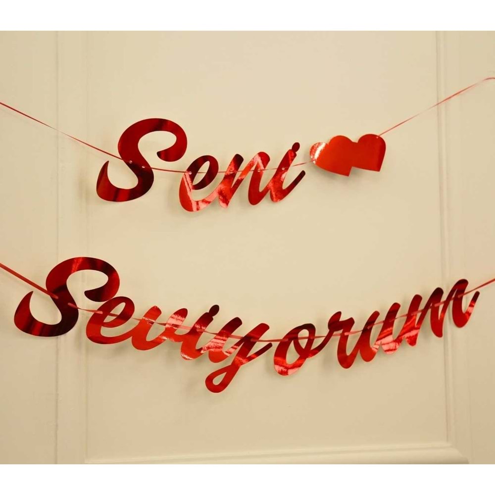 Kırmızı Renkli Seni Seviyorum El Yazısı Banner Duvar Süsü