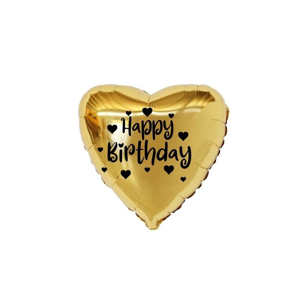 18 inç Gold Renk Kalp Figürlü Happy Birthday Temalı Kalp Folyo Balon