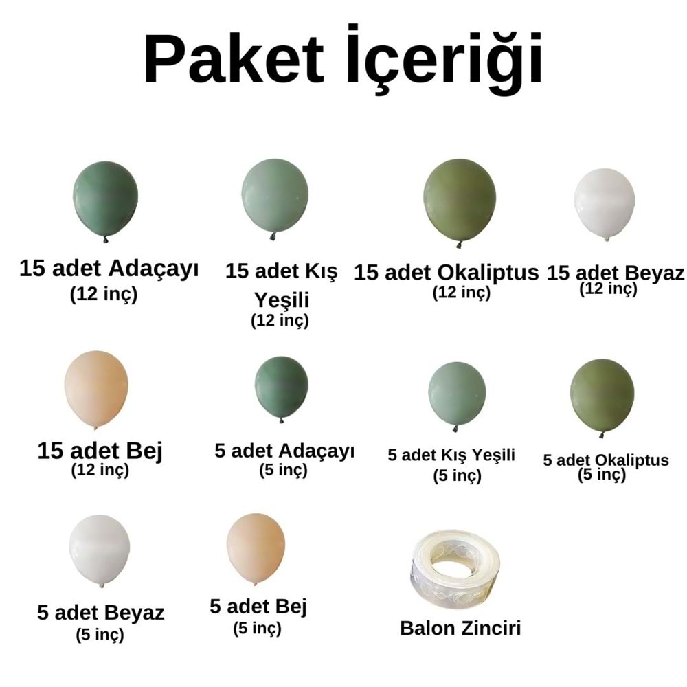 Balon Seti Adaçayı-Kış Yeşili-Okaliptus-Bej-Beyaz 100 Lü Balon Zinciri Seti