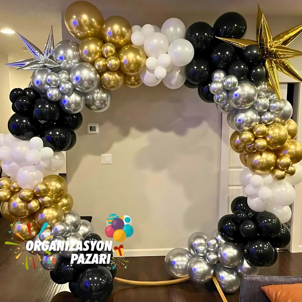 Balon Seti Krom Gold-Krom Gümüş-Siyah-Beyaz 100 Lü Balon Zinciri Seti