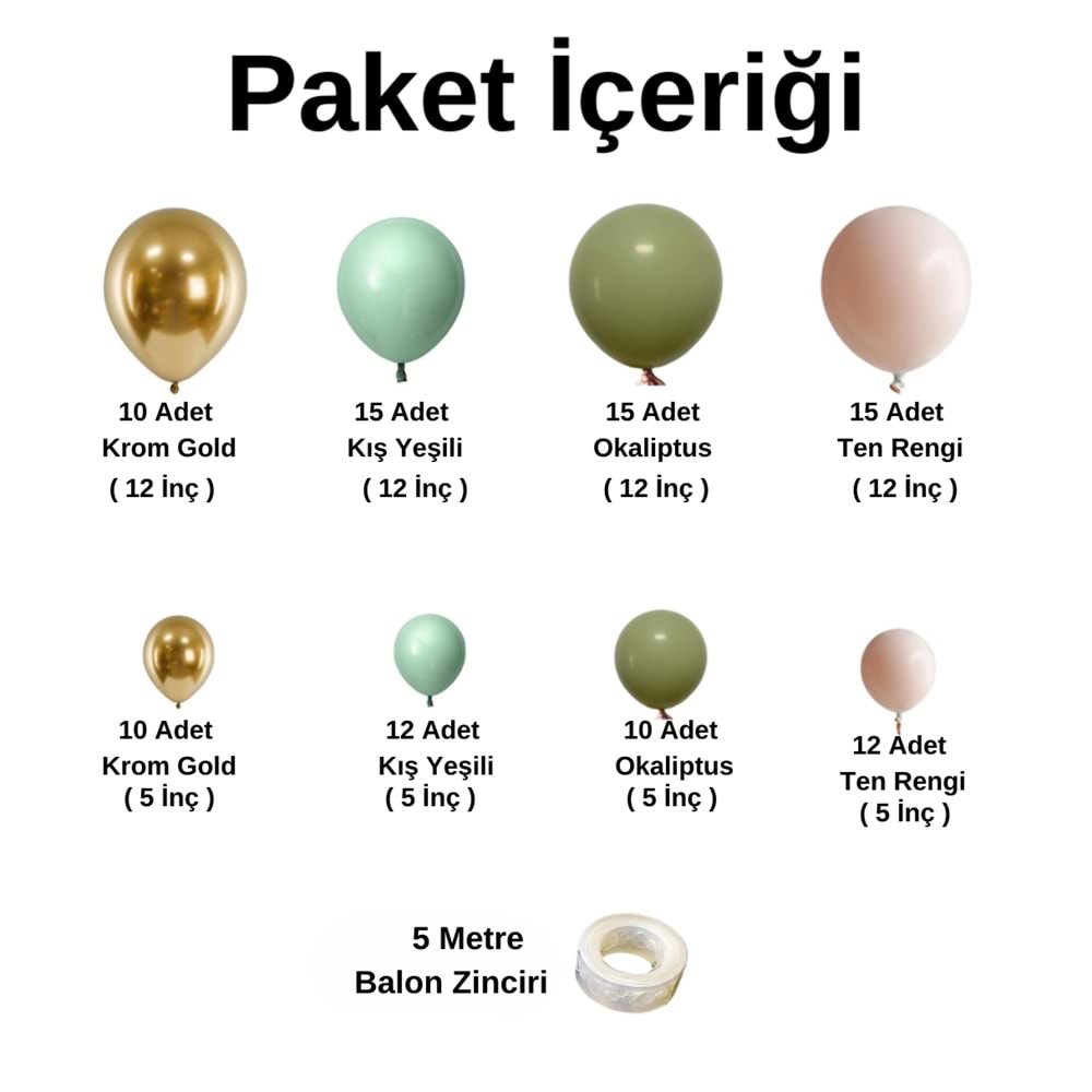 Balon Seti Krom Gold-Kış Yeşili-Okaliptus-Ten Rengi 100 Lü Balon Zinciri Seti