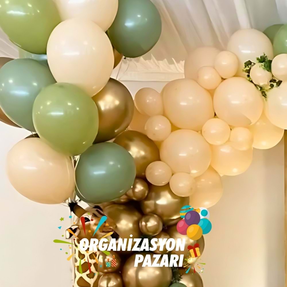 Balon Seti Krom Gold-Kış Yeşili-Okaliptus-Ten Rengi 100 Lü Balon Zinciri Seti