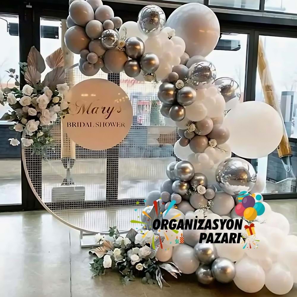 Balon Seti Krom Gümüş-Duman-Pastel Beyaz 100 Lü Balon Zinciri Seti