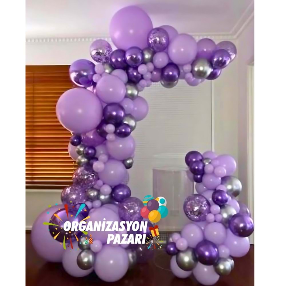 Balon Seti Krom Mor-Krom Gümüş-Makaron Lila-Mor 100 Lü Balon Zinciri Seti