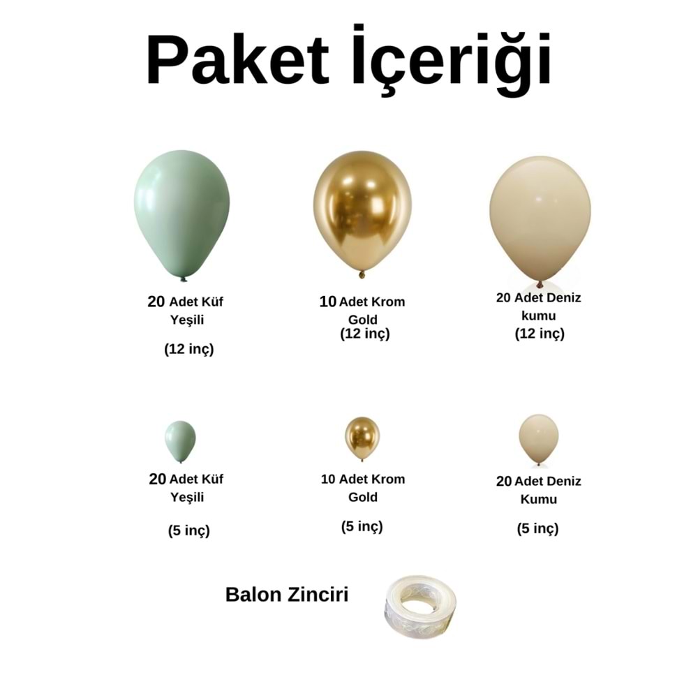 Balon Seti Küf Yeşili-Krom Gold-Deniz Kumu 100 Lü Balon Zinciri Seti
