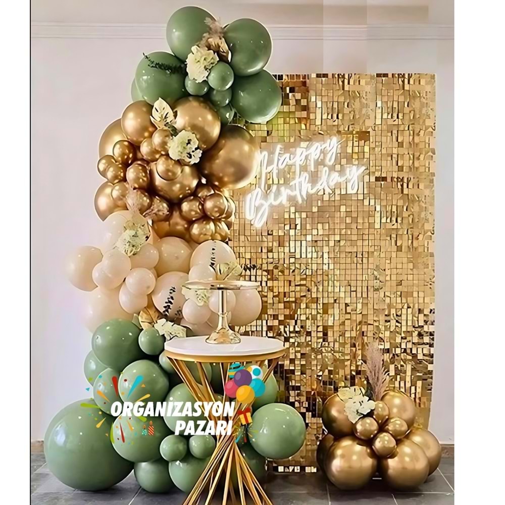 Balon Seti Küf Yeşili-Krom Gold-Deniz Kumu 100 Lü Balon Zinciri Seti