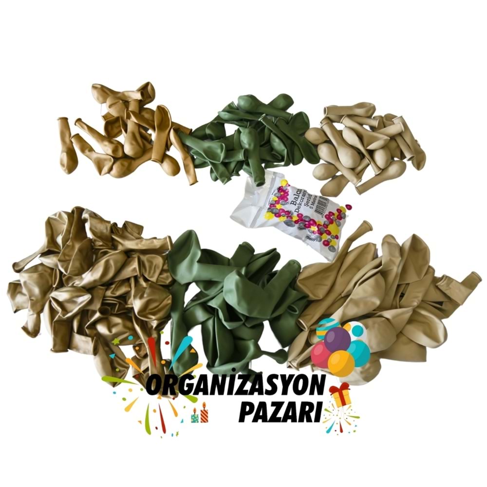 Balon Seti Küf Yeşili-Krom Gold-Deniz Kumu 100 Lü Balon Zinciri Seti