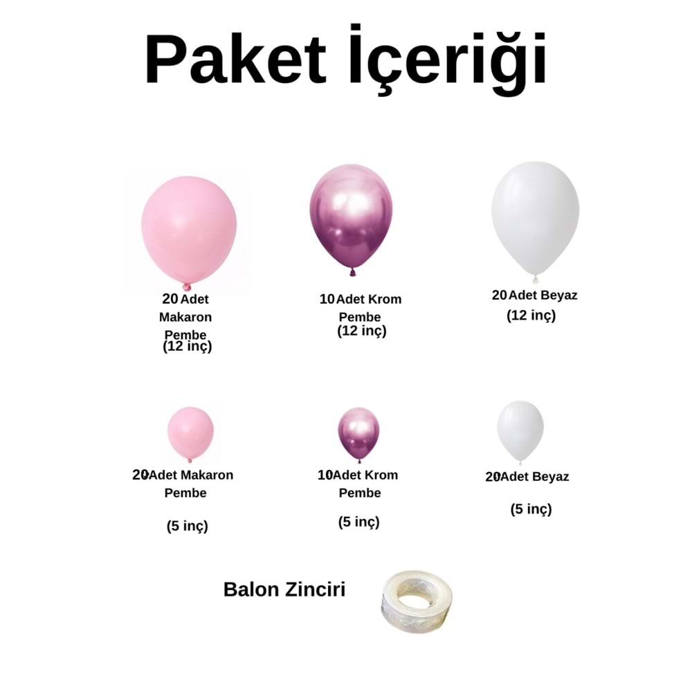 Balon Seti Makaron Pembe-Krom Pembe-Pastel Beyaz 100 Lü Balon Zinciri Seti