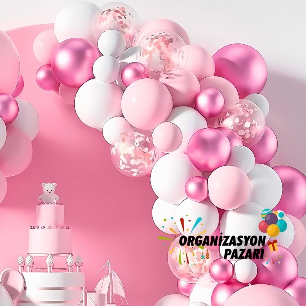 Balon Seti Makaron Pembe-Krom Pembe-Pastel Beyaz 100 Lü Balon Zinciri Seti