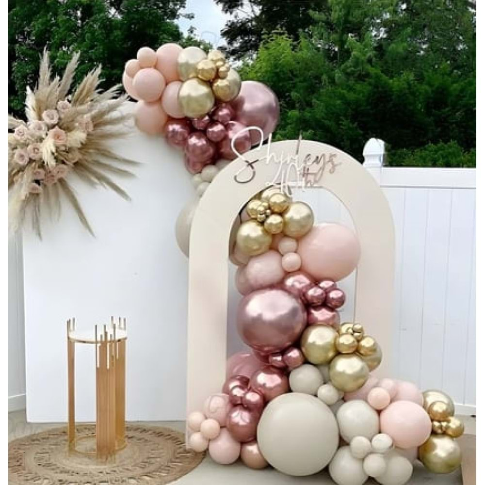 Balon Seti Pink Blush-Deniz Kumu-Krom Rose Gold-Krom Gold 100 Lü Balon Zinciri Seti