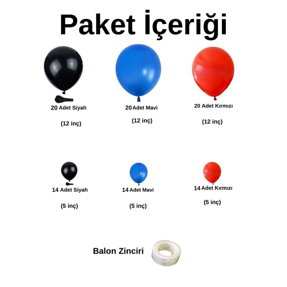Balon Seti Siyah-Mavi-Kırmızı 100 Lü Balon Zinciri Seti