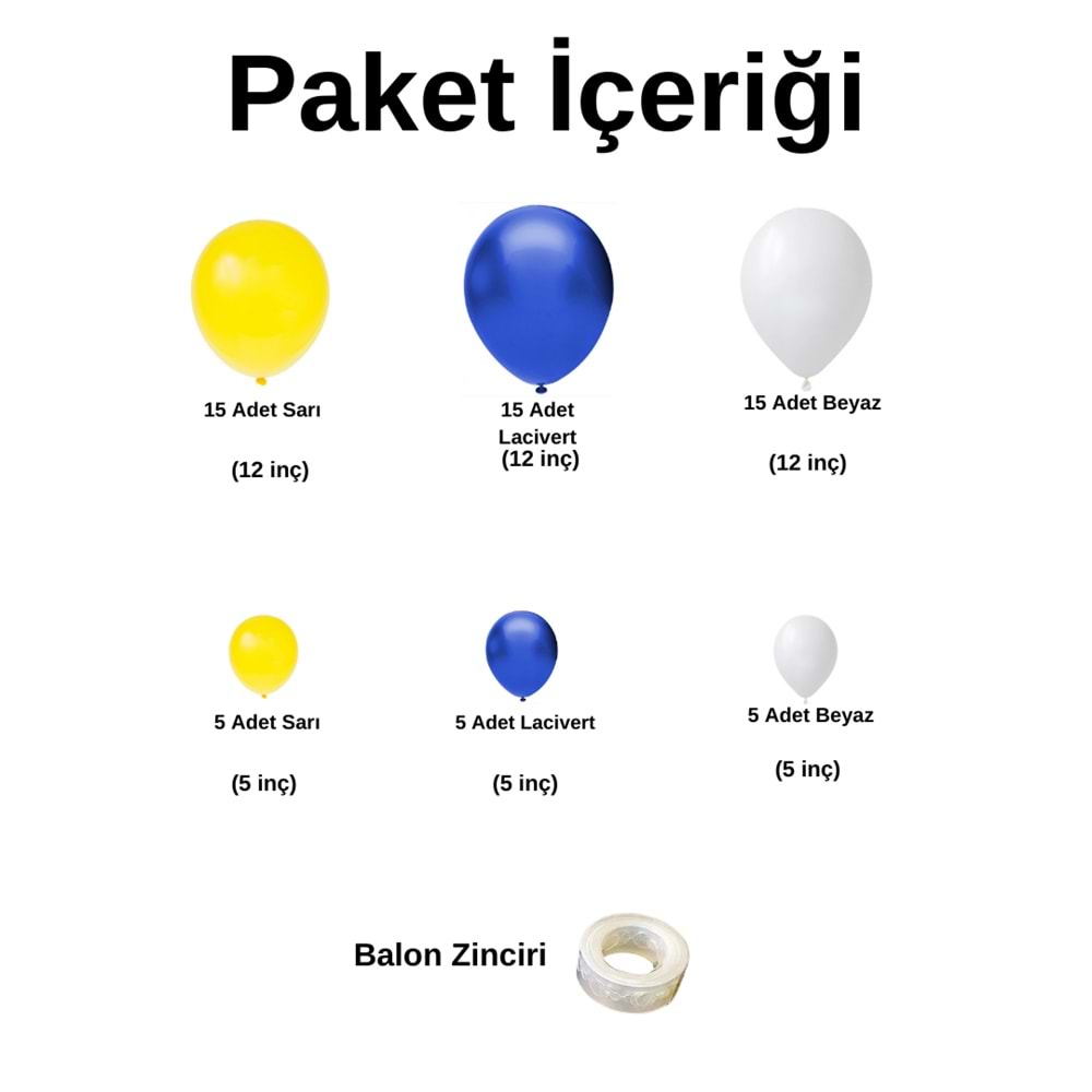 Balon Seti Sarı-Lacivert-Beyaz 60 Lı Balon Zinciri Seti