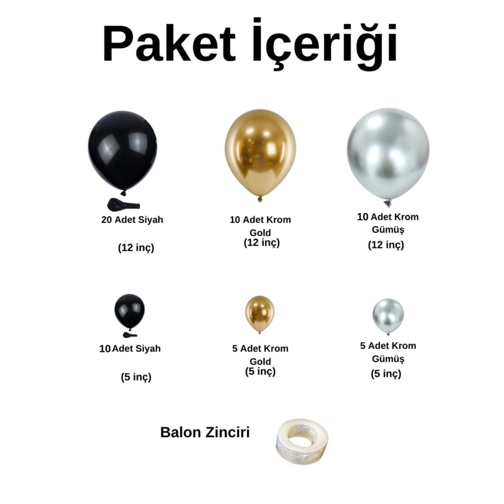 Balon Seti Siyah-Krom Gold-Krom Gümüş 60 Lı Balon Zinciri Seti