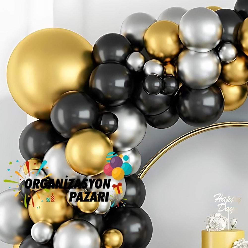Balon Seti Siyah-Krom Gold-Krom Gümüş 60 Lı Balon Zinciri Seti