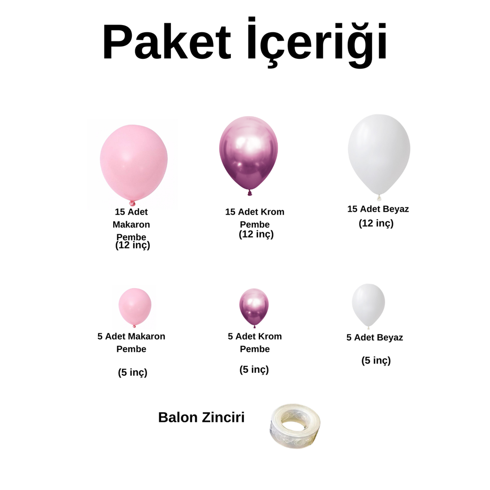 Balon Seti Makaron Pembe-Krom Pembe-Pastel Beyaz 60 Lı Balon Zinciri Seti